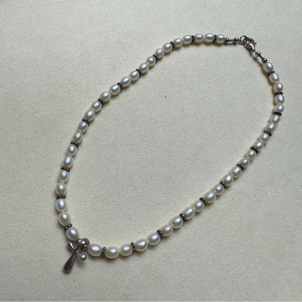Sterling Silver 925 Cross Freshwater Pearls Necklace